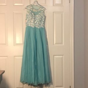 Light blue dress with blue shawl and a sheer back